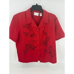 Alfred‎ Dunner Red Floral Embroidered Short Sleeve Top Blouse Size 16